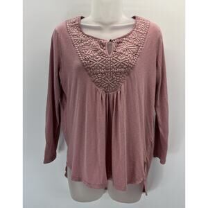 Lucky Brand Top Womens Small Pink Long Sleeve Embroidered Tasseled Peasant Boho